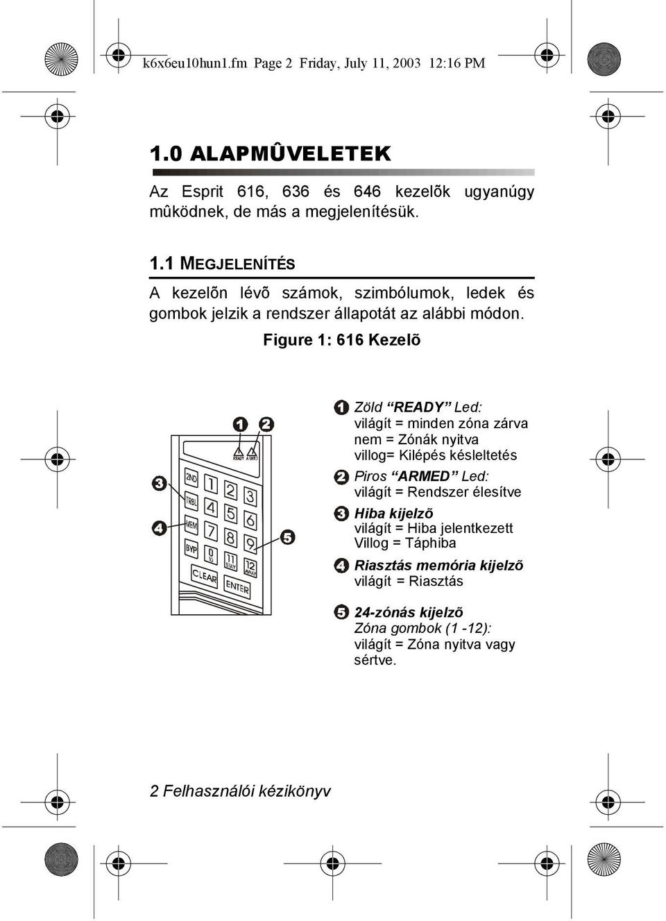 élesítve Hiba kijelzõ világít = Hiba jelentkezett Villog = Táphiba Riasztás memória kijelzõ világít = Riasztás 24-zónás kijelzõ Zóna gombok (1-12):