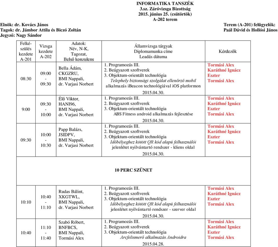 TANSZÉK 3.sz. Záróvizsga Bizottság 2015. június 25. (csütörtök) A202 terem Államvizsga tárgyak Diplomamunka címe Leadás dátuma 3.