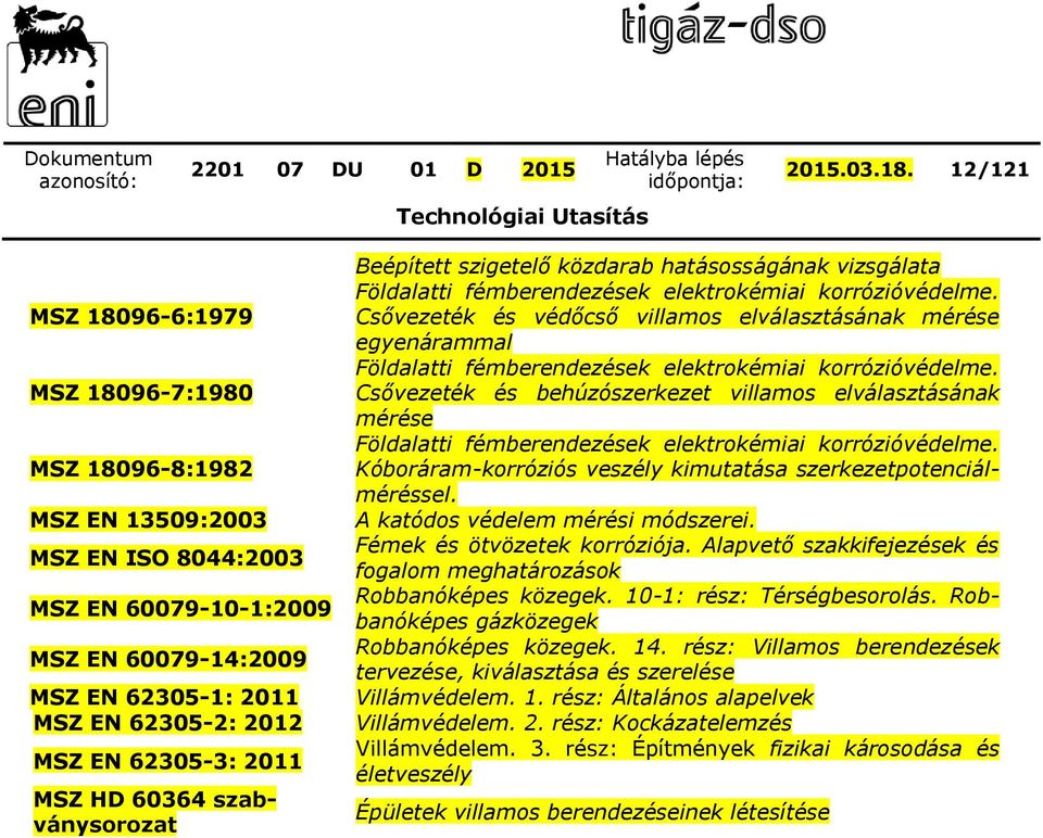 2011 MSZ HD 60364 szabványsorozat Beépített szigetelő közdarab hatásosságának vizsgálata Földalatti fémberendezések elektrokémiai korrózióvédelme.