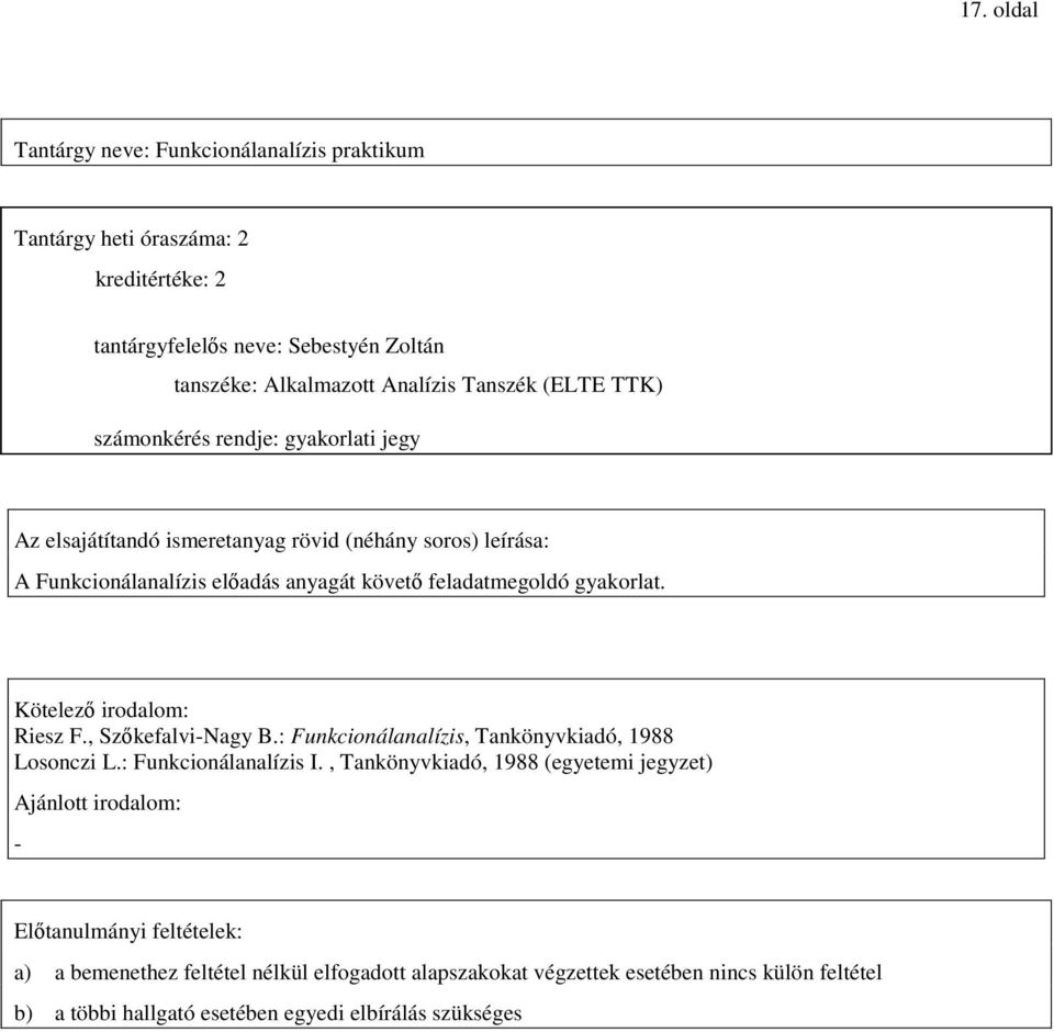 Kötelezı irodalom: Riesz F., Szıkefalvi-Nagy B.: Funkcionálanalízis, Tankönyvkiadó, 1988 Losonczi L.: Funkcionálanalízis I.