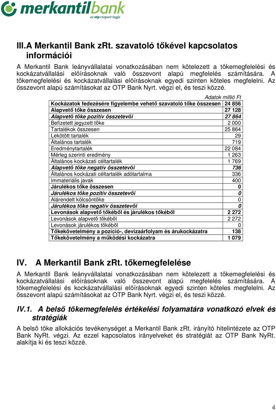 számítására. A tőkemegfelelési és kockázatvállalási előírásoknak egyedi szinten köteles megfelelni. Az összevont alapú számításokat az OTP Bank Nyrt. végzi el, és teszi közzé.