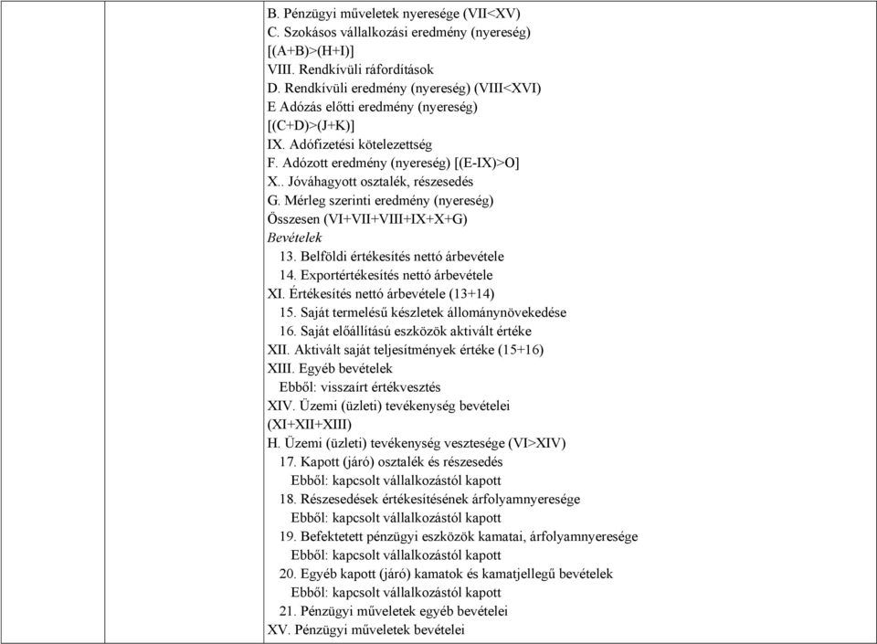 . Jóváhagyott osztalék, részesedés G. Mérleg szerinti eredmény (nyereség) Összesen (VI+VII+VIII+IX+X+G) Bevételek 13. Belföldi értékesítés nettó árbevétele 14. Exportértékesítés nettó árbevétele XI.