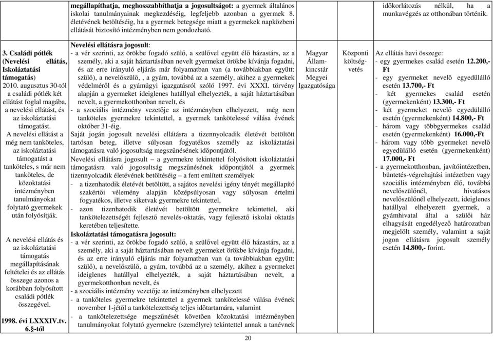 A nevelési ellátás és az iskoláztatási támogatás megállapításának feltételei és az ellátás összege azonos a korábban folyósított családi pótlék összegével. 1998. évi LXXXIV.tv. 6.
