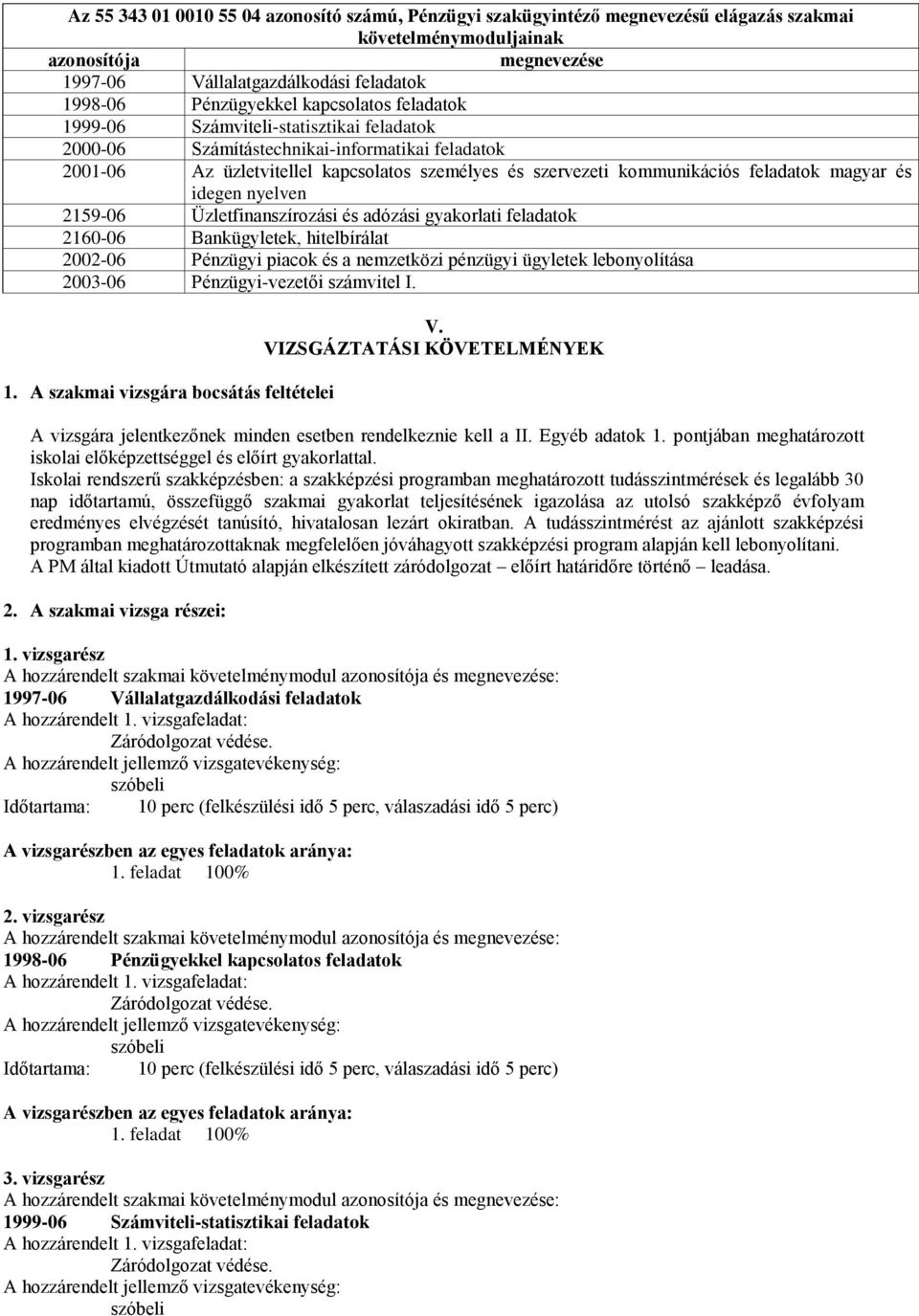 magyar és idegen nyelven 2159-06 Üzletfinanszírozási és adózási gyakorlati feladatok 2160-06 ankügyletek, hitelbírálat 2002-06 Pénzügyi piacok és a nemzetközi pénzügyi ügyletek lebonyolítása 2003-06