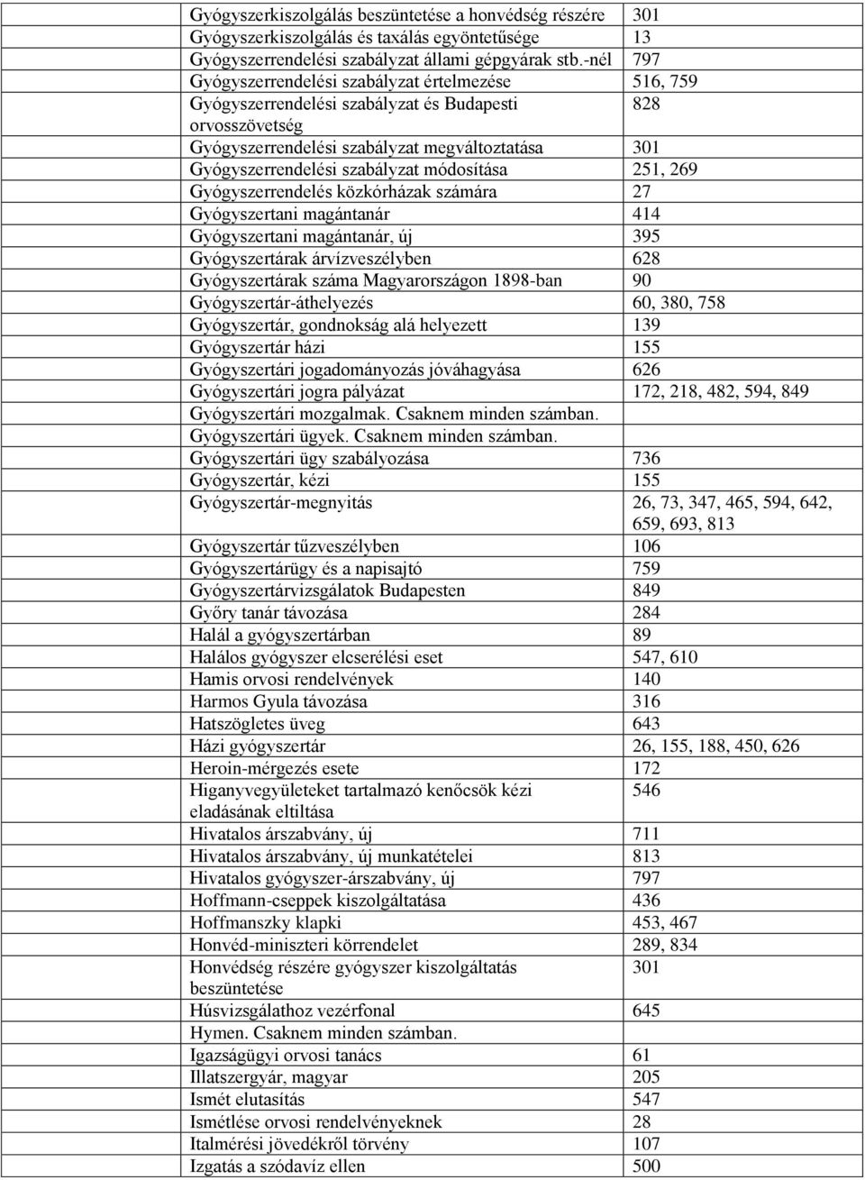 szabályzat módosítása 251, 269 Gyógyszerrendelés közkórházak számára 27 Gyógyszertani magántanár 414 Gyógyszertani magántanár, új 395 Gyógyszertárak árvízveszélyben 628 Gyógyszertárak száma