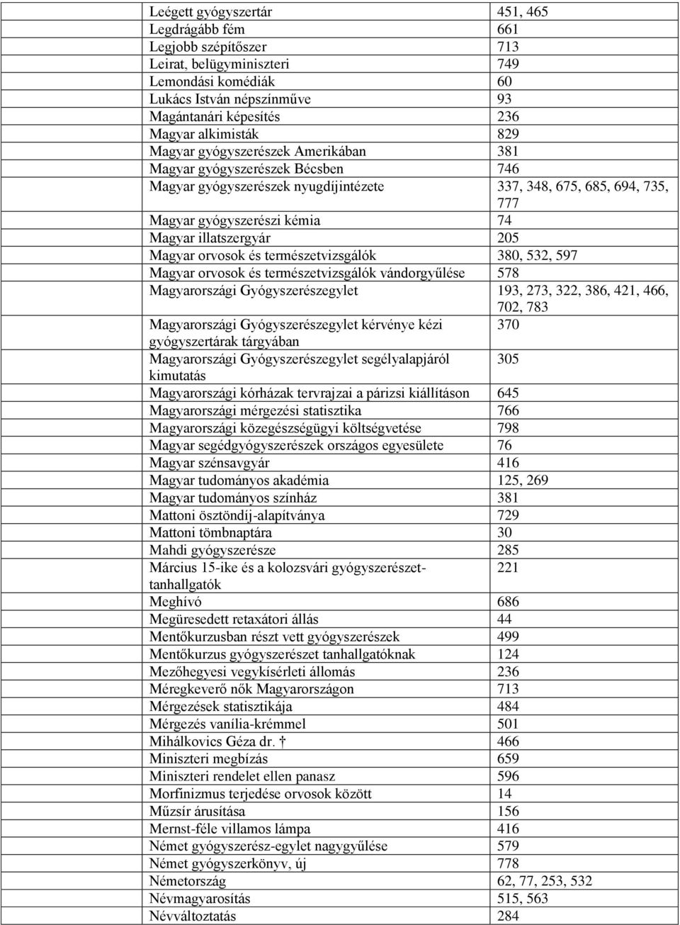 205 Magyar orvosok és természetvizsgálók 380, 532, 597 Magyar orvosok és természetvizsgálók vándorgyűlése 578 Magyarországi Gyógyszerészegylet 193, 273, 322, 386, 421, 466, 702, 783 Magyarországi