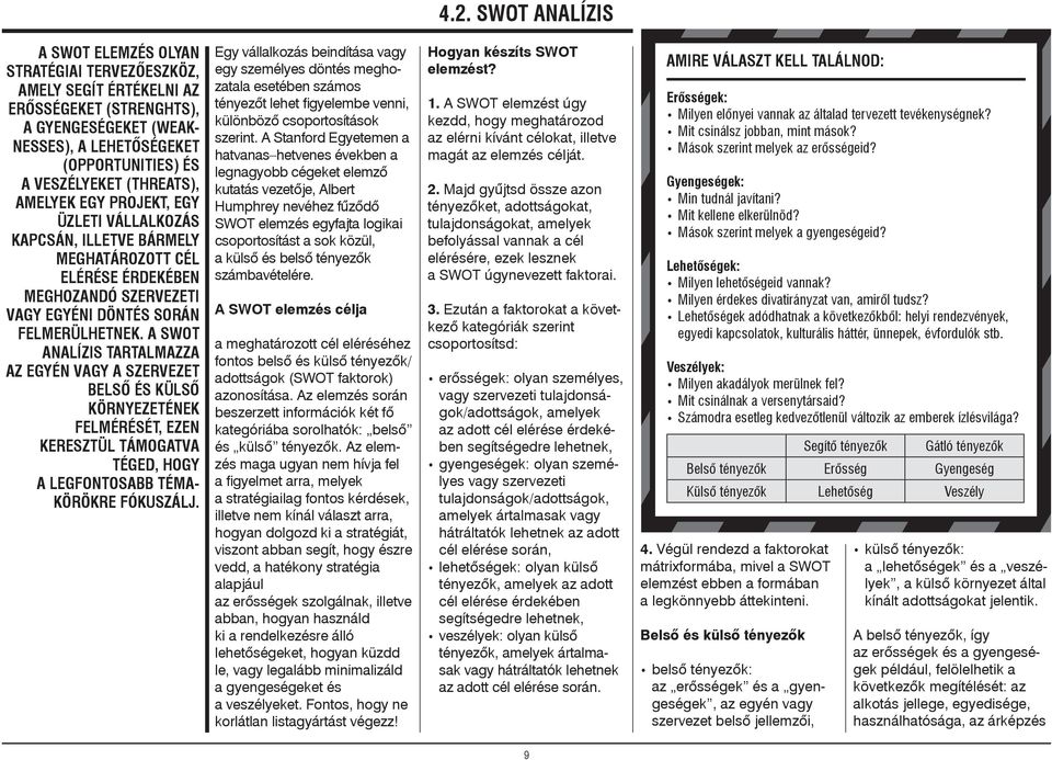 A SWOT analízis tar tal mazza az egyén vagy a szervezet belsõ és külsõ környezetének felmérését, ezen keresztül támogatva TÉGED, hogy a legfontosabb témakörökre fókuszálj.