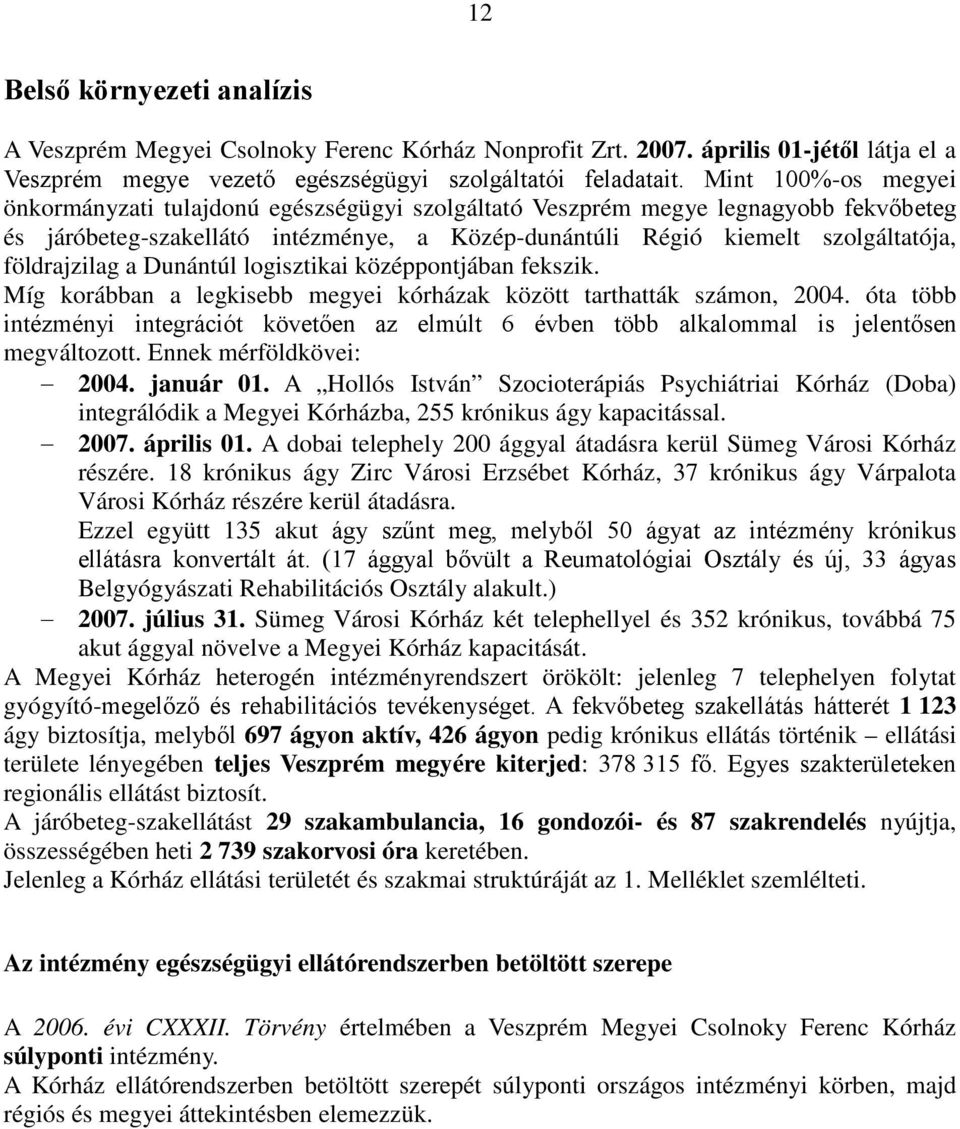 földrajzilag a Dunántúl logisztikai középpontjában fekszik. Míg korábban a legkisebb megyei kórházak között tarthatták számon, 2004.