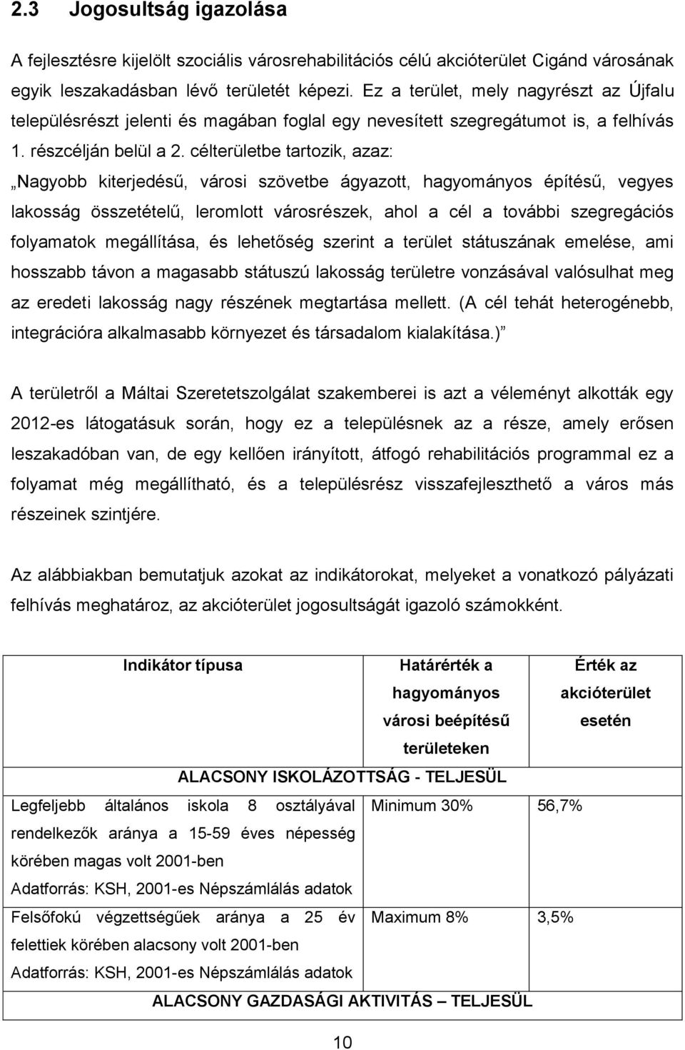 célterületbe tartozik, azaz: Nagyobb kiterjedésű, városi szövetbe ágyazott, hagyományos építésű, vegyes lakosság összetételű, leromlott városrészek, ahol a cél a további szegregációs folyamatok