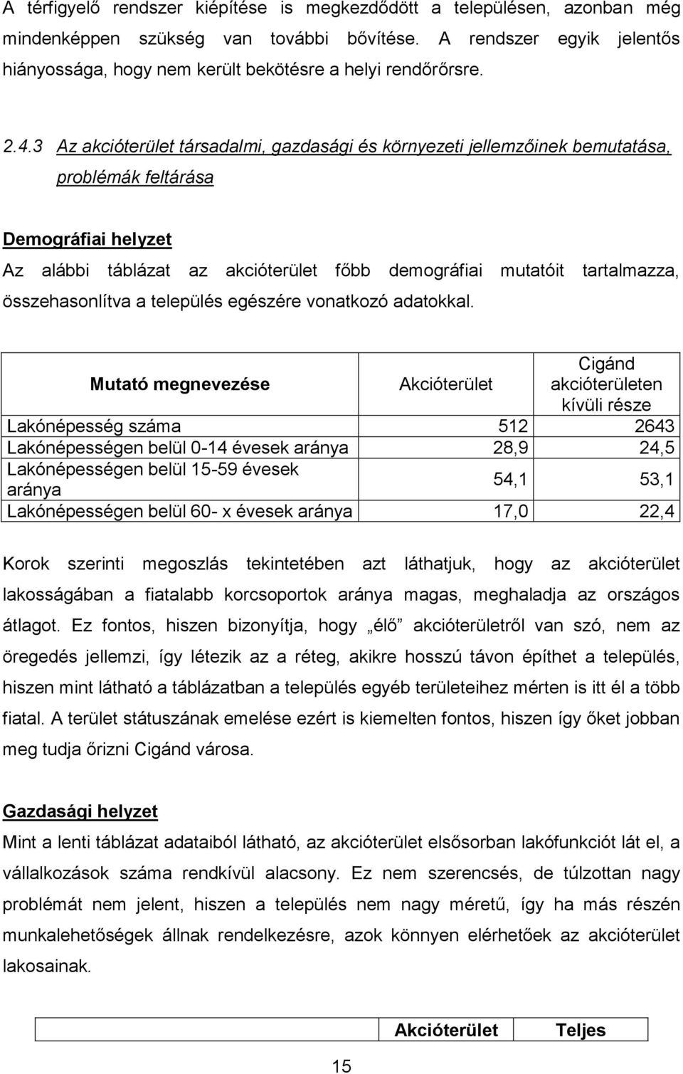 3 Az akcióterület társadalmi, gazdasági és környezeti jellemzőinek bemutatása, problémák feltárása Demográfiai helyzet Az alábbi táblázat az akcióterület főbb demográfiai mutatóit tartalmazza,