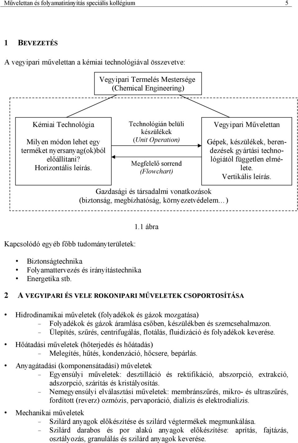 Technológán belül készülékek (Unt Operaton) Megfelelő sorrend (Flowchart) Vegypar Művelettan Gépek, készülékek, berendezések gyártás technológától független elmélete. Vertkáls leírás.