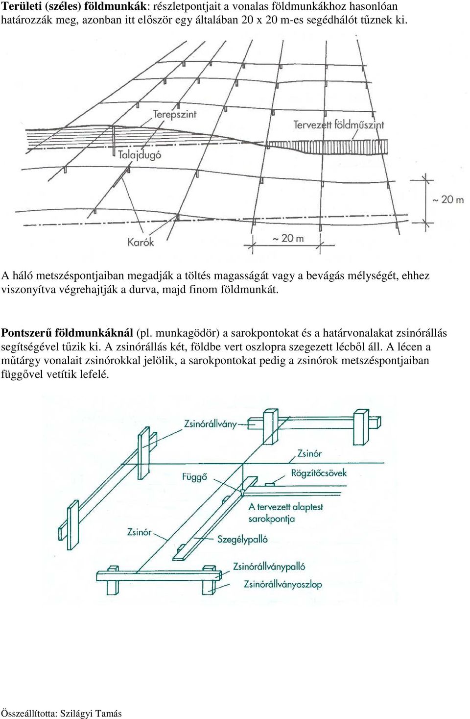 A háló metszéspontjaiban megadják a töltés magasságát vagy a bevágás mélységét, ehhez viszonyítva végrehajtják a durva, majd finom földmunkát.