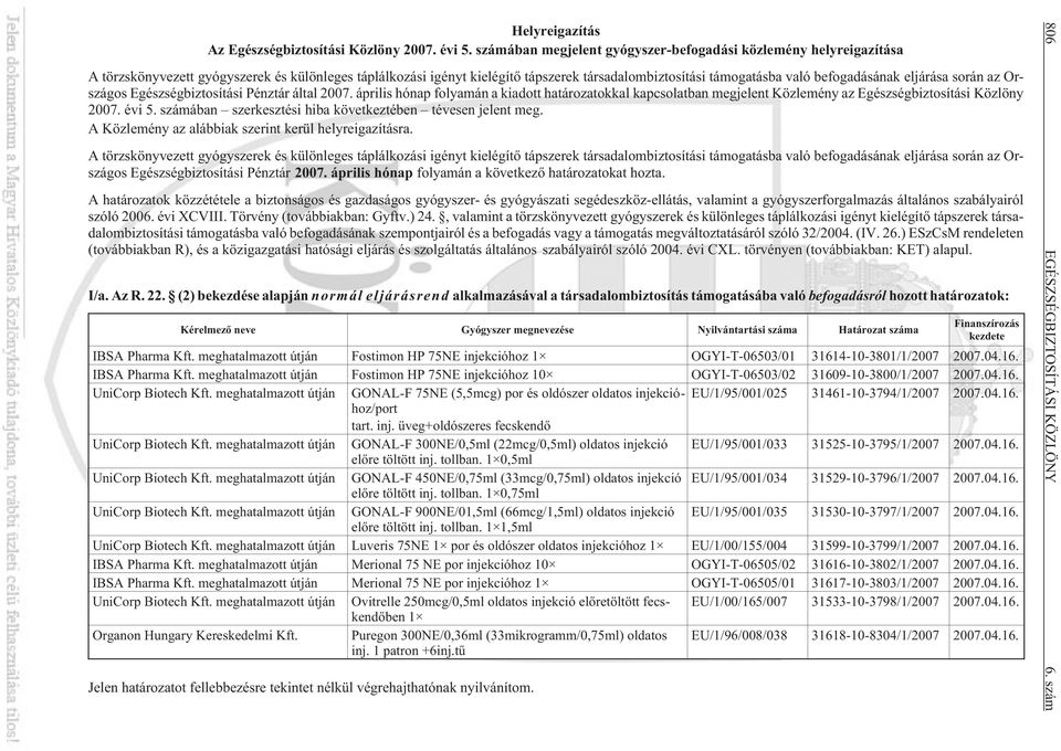 befogadásának eljárása során az Országos Egészségbiztosítási Pénztár által 2007. április hónap folyamán a kiadott határozatokkal kapcsolatban megjelent Közlemény az Egészségbiztosítási Közlöny 2007.