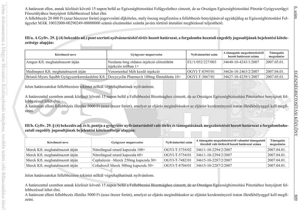 A fellebbezés 20 000 Ft (azaz húszezer forint) jogorvoslati díjköteles, mely összeg megfizetése a fellebbezés benyújtásával egyidejûleg az Egészségbiztosítási Felügyelet MÁK