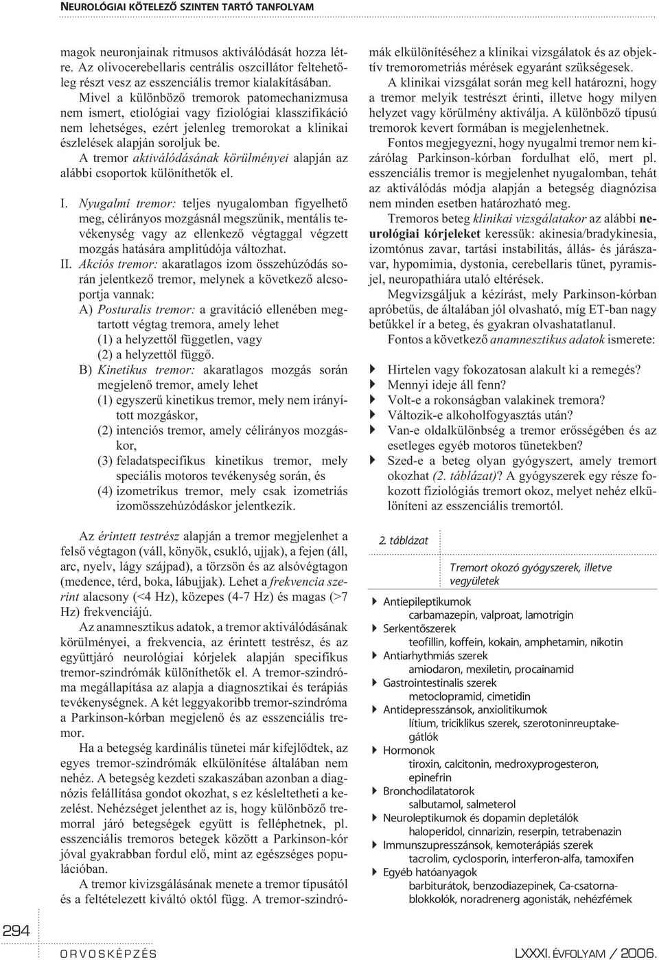 A tremor aktiválódásának körülményei alapján az alábbi csoportok különíthetõk el. I.