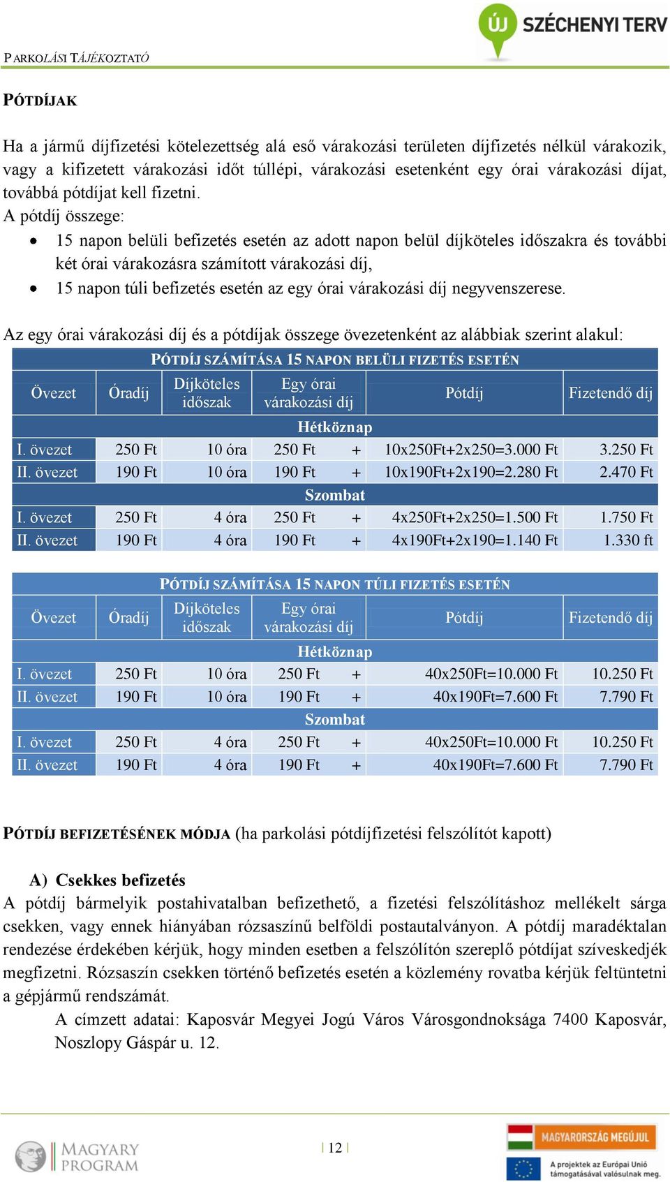 A pótdíj összege: 15 napon belüli befizetés esetén az adott napon belül díjköteles időszakra és további két órai várakozásra számított várakozási díj, 15 napon túli befizetés esetén az egy órai