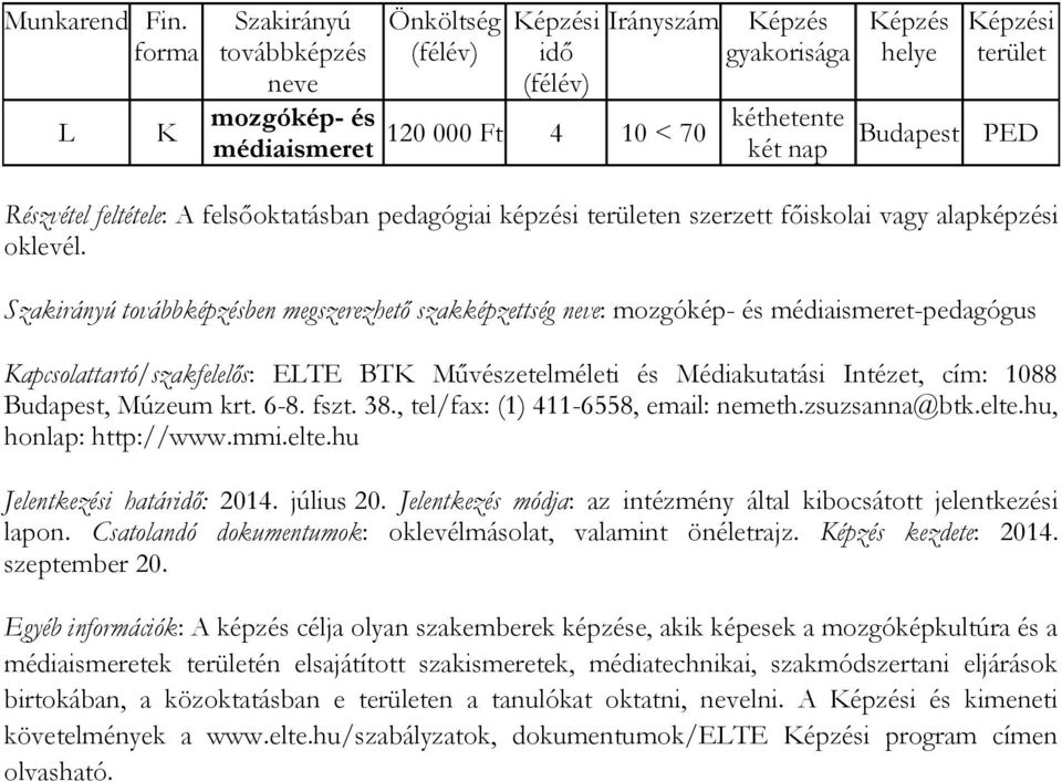 , tel/fax: (1) 411-6558, email: nemeth.zsuzsanna@btk.elte.hu, honlap: http://www.mmi.elte.hu Jelentkezési határ: 2014. július 20. Jelentkezés módja: az intézmény által kibocsátott jelentkezési lapon.