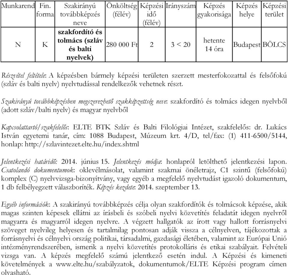 ben megszerezhető szakképzettség : szakfordító és tolmács idegen nyelvből (adott szláv/balti nyelv) és magyar nyelvből apcsolattartó/szakfelelős: ELTE BT Szláv és Balti Filológiai Intézet,