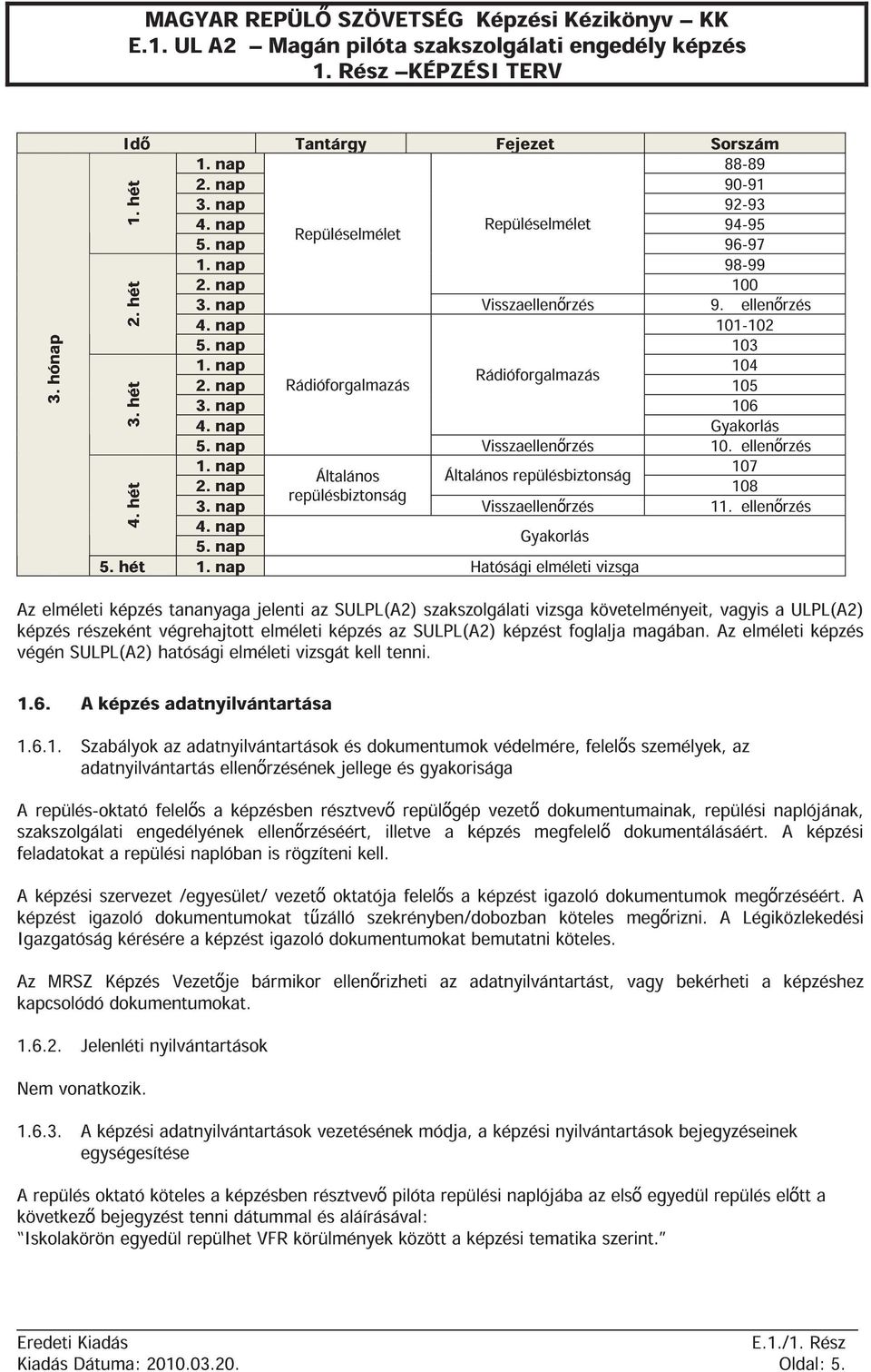 ellen rzés 1. nap 107 2. nap Általános Általános repülésbiztonság 108 3. nap repülésbiztonság Visszaellen rzés 11. ellen rzés 4. nap 5. nap Gyakorlás 5. hét 1. nap Hatósági elméleti vizsga 1. hét 2.