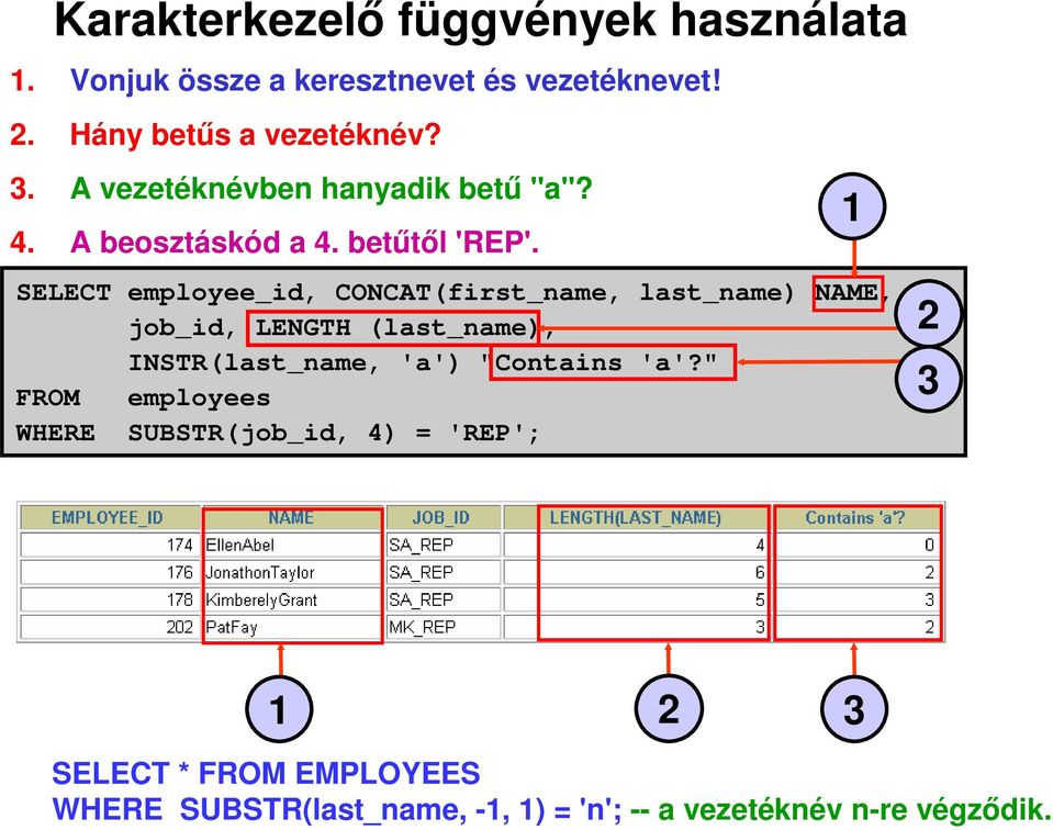 SELECT employee_id, CONCAT(first_name, last_name) NAME, job_id, LENGTH (last_name), INSTR(last_name, 'a') "Contains