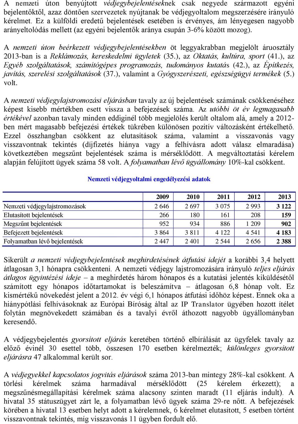 A nemzeti úton beérkezett védjegybejelentésekben öt leggyakrabban megjelölt áruosztály 2013-ban is a Reklámozás, kereskedelmi ügyletek (35.), az Oktatás, kultúra, sport (41.