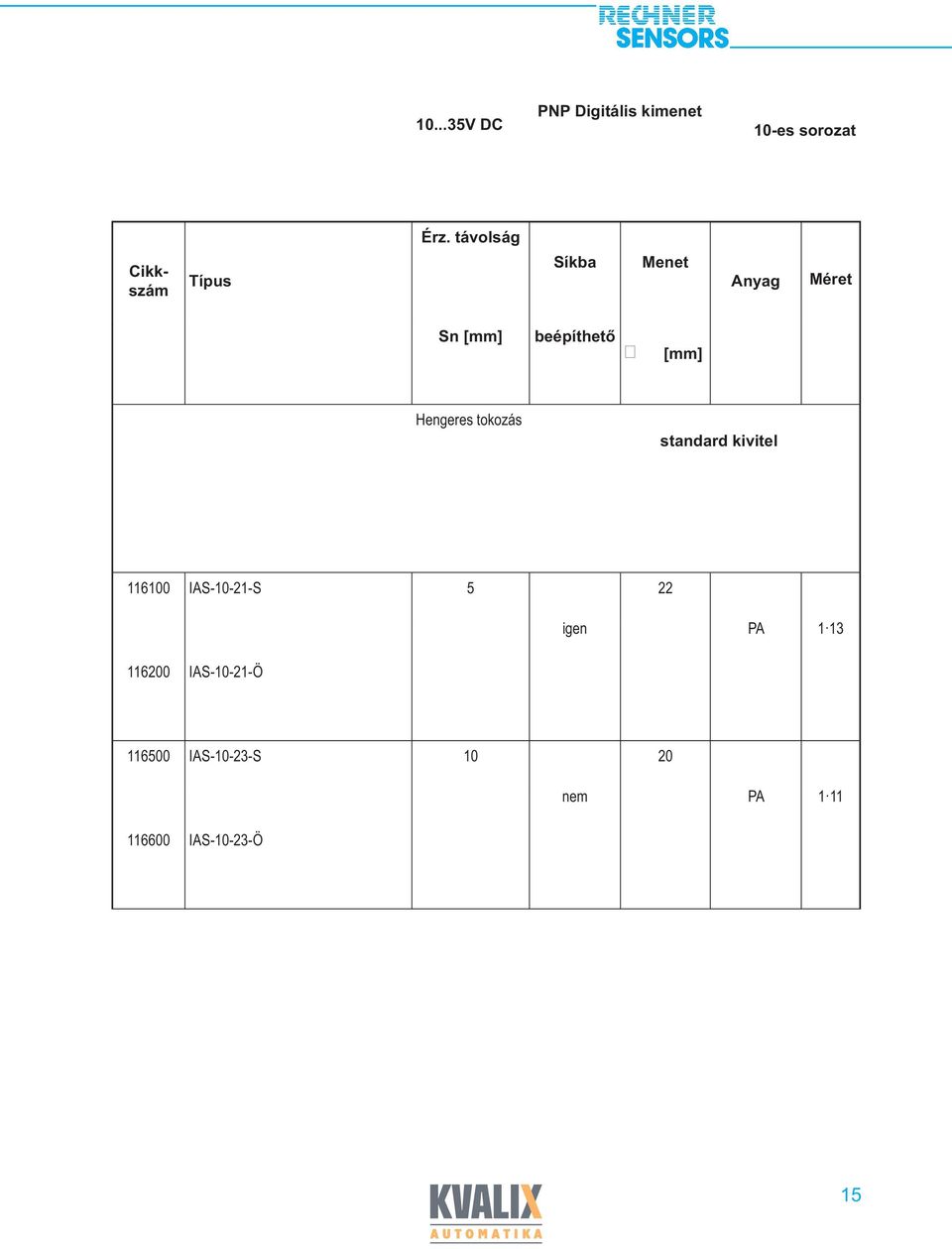 [mm] Hengeres tokozás standard kivitel 116100 IAS-10-21-S 5 22 igen