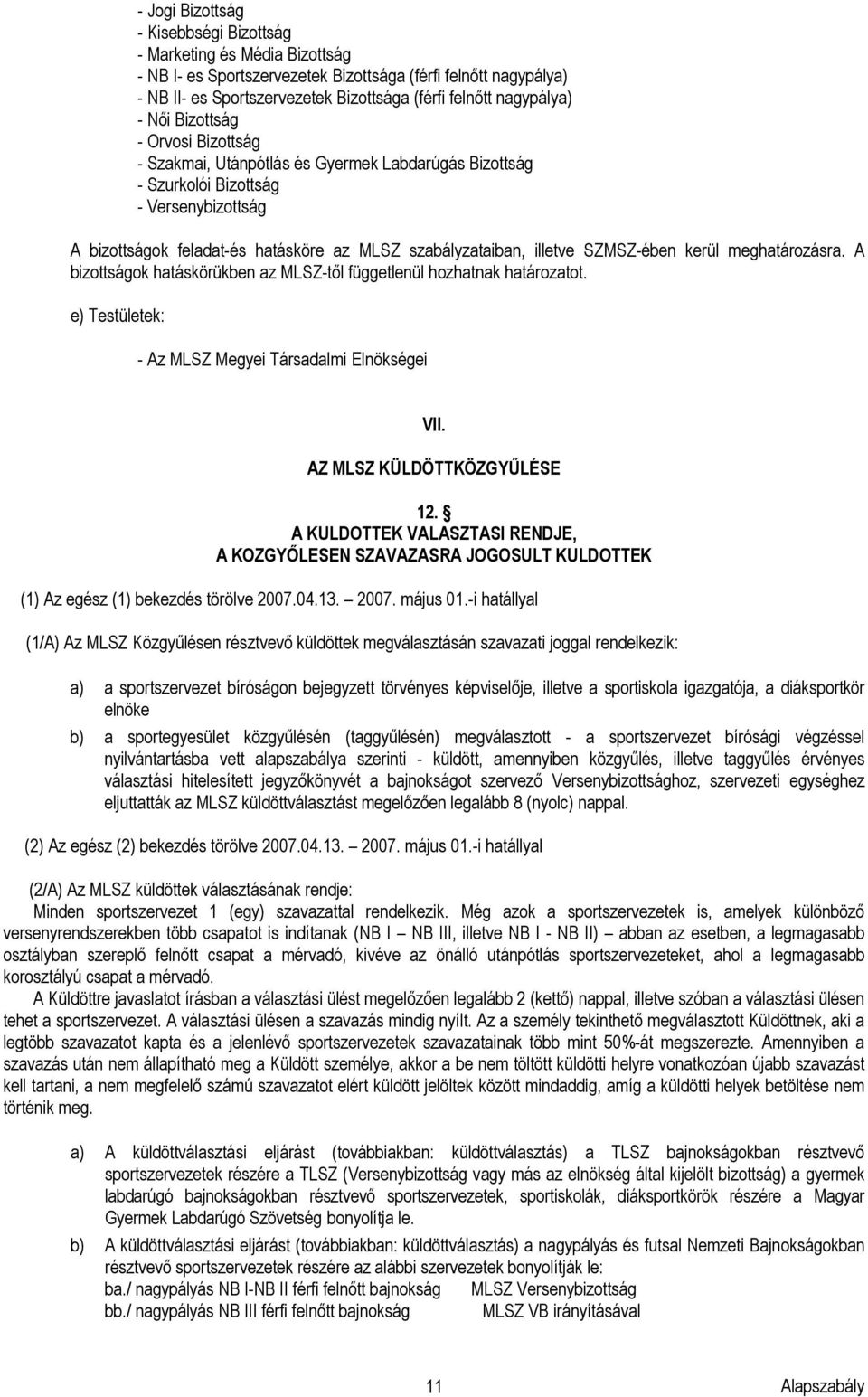 szabályzataiban, illetve SZMSZ-ében kerül meghatározásra. A bizottságok hatáskörükben az MLSZ-től függetlenül hozhatnak határozatot. e) Testületek: - Az MLSZ Megyei Társadalmi Elnökségei VII.