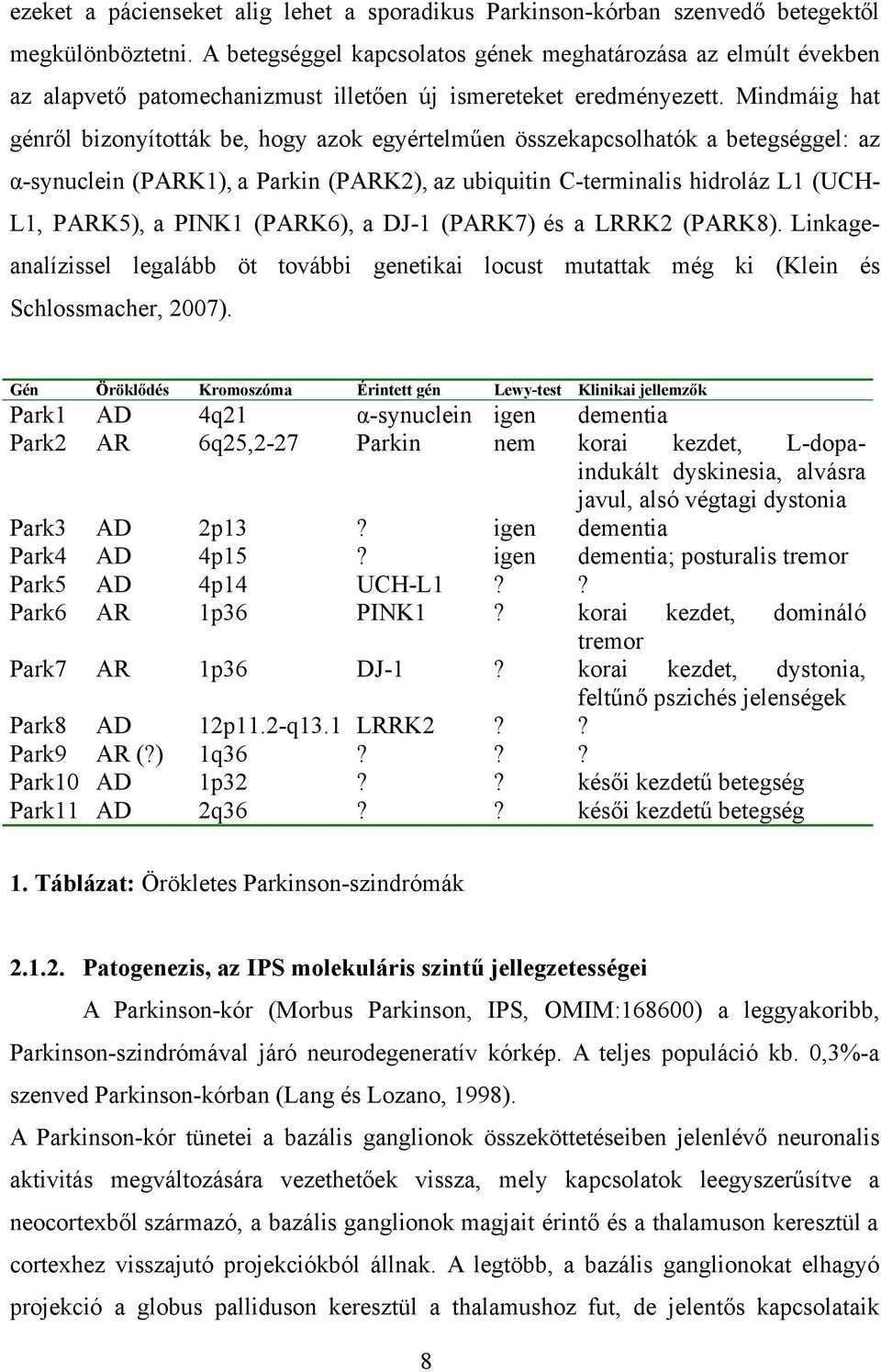 Mindmáig hat génről bizonyították be, hogy azok egyértelműen összekapcsolhatók a betegséggel: az α-synuclein (PARK1), a Parkin (PARK2), az ubiquitin C-terminalis hidroláz L1 (UCHL1, PARK5), a PINK1