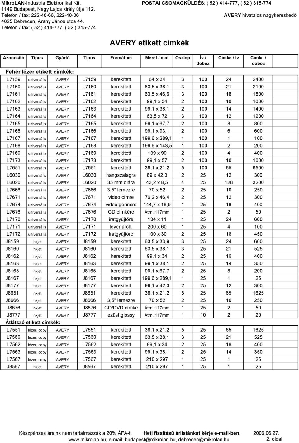 AVERY L7163 kerekített 99,1 x 38,1 2 100 14 1400 L7164 univerzális AVERY L7164 kerekített 63,5 x 72 3 100 12 1200 L7165 univerzális AVERY L7165 kerekített 99,1 x 67,7 2 100 8 800 L7166 univerzális