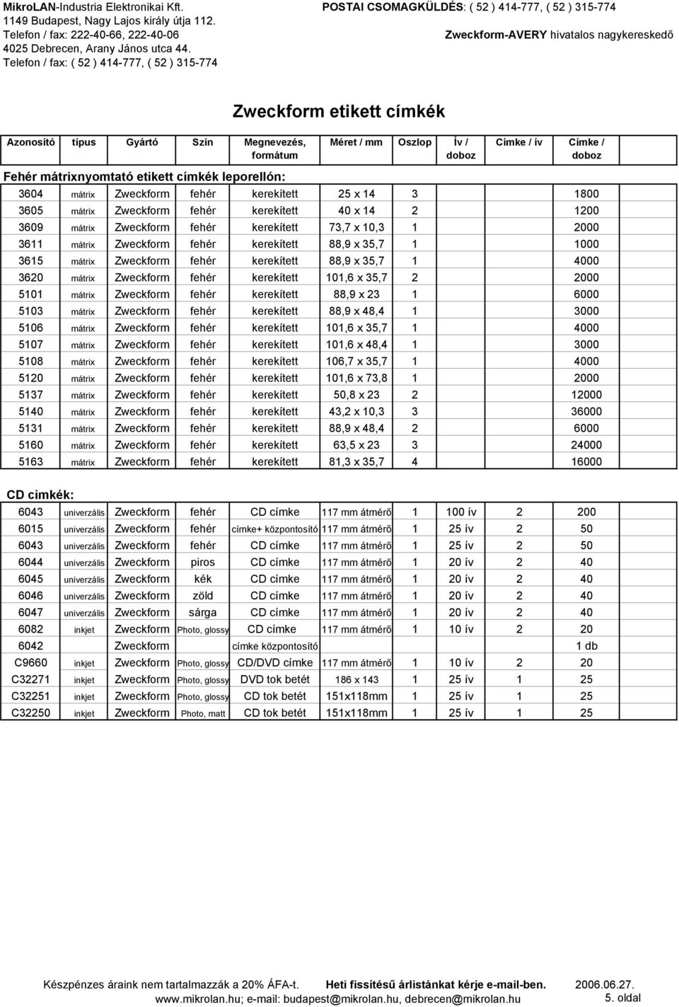 mátrix Zweckform fehér kerekített 88,9 x 23 1 6000 5103 mátrix Zweckform fehér kerekített 88,9 x 48,4 1 3000 5106 mátrix Zweckform fehér kerekített 101,6 x 35,7 1 4000 5107 mátrix Zweckform fehér