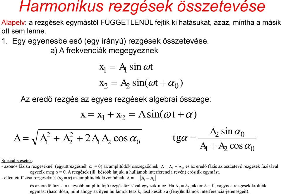 amplitúdók összegződnek: = +, és az eredő fázis az összetevő rezgések fázisával egyezik meg α = 0. rezgések (ill. később látjuk, a hullámok interferencia révén) erősítik egymást.