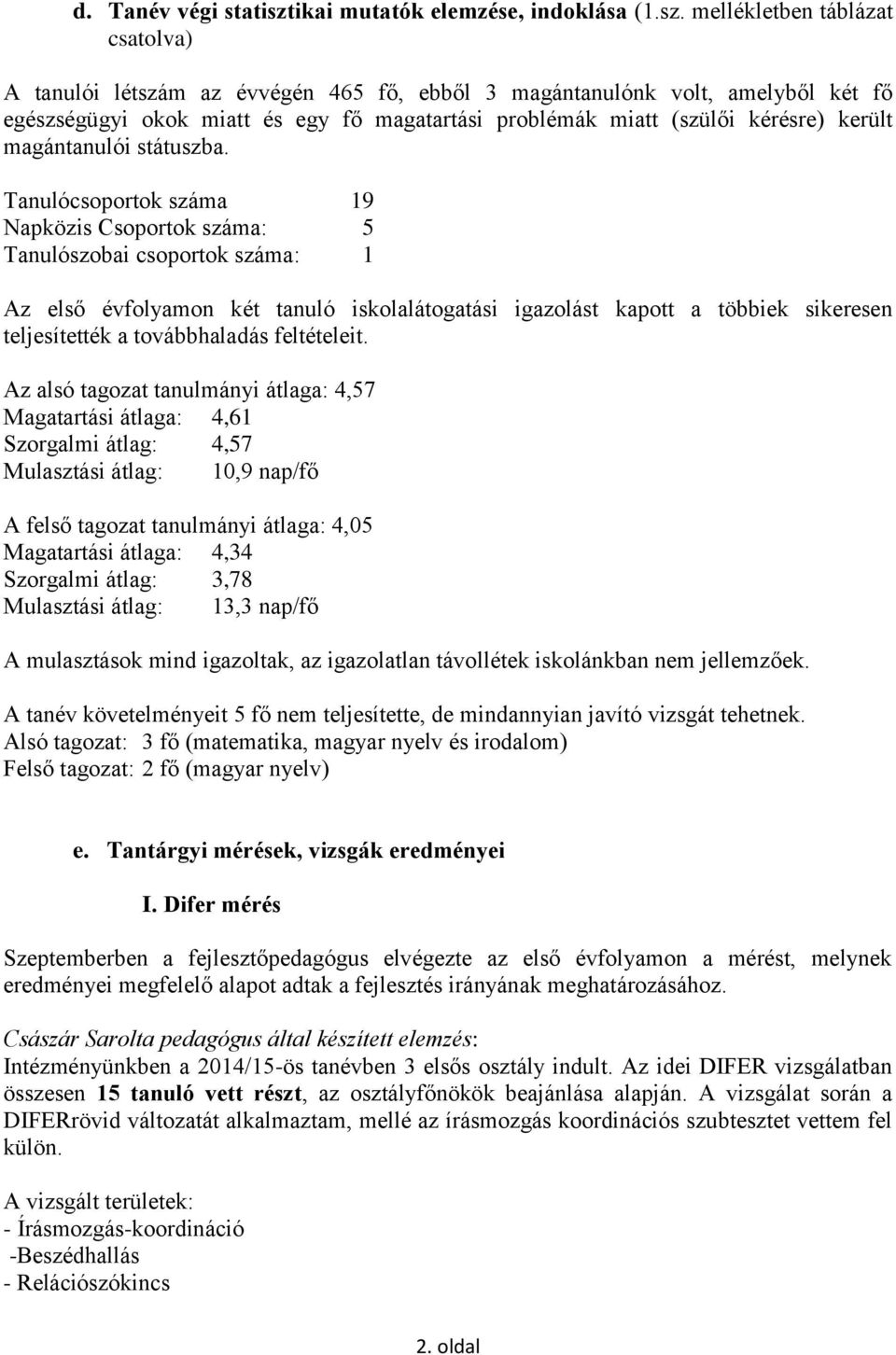 mellékletben táblázat csatolva) A tanulói létszám az évvégén 465 fő, ebből 3 magántanulónk volt, amelyből két fő egészségügyi okok miatt és egy fő magatartási problémák miatt (szülői kérésre) került