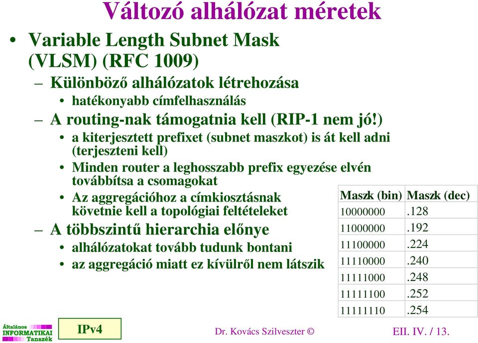 ) a kiterjesztett prefixet (subnet maszkot) is át kell adni (terjeszteni kell) Minden router a leghosszabb prefix egyezése elvén továbbítsa a csomagokat Az