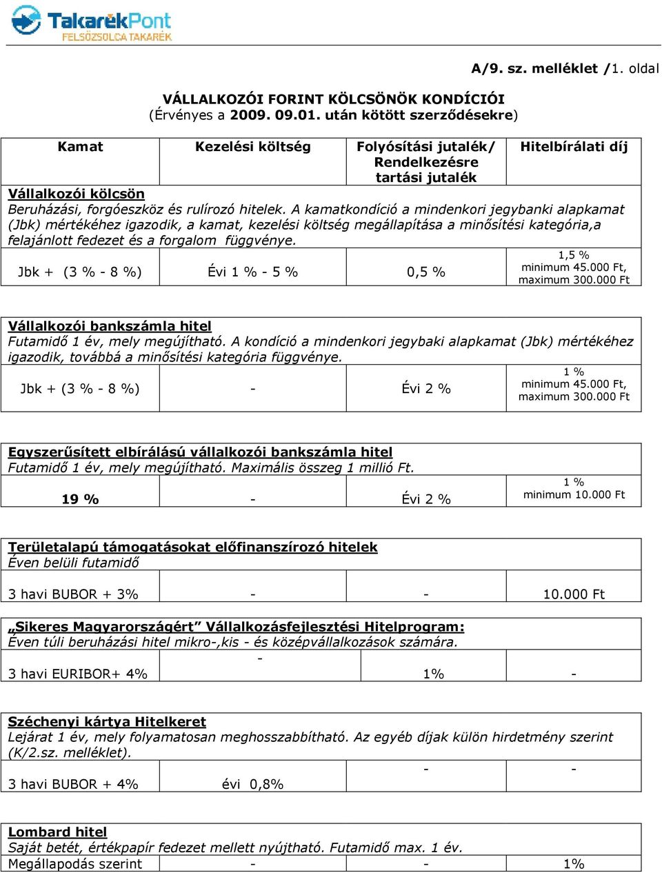 A kamatkondíció a mindenkori jegybanki alapkamat (Jbk) mértékéhez igazodik, a kamat, kezelési költség megállapítása a minısítési kategória,a felajánlott fedezet és a forgalom függvénye.