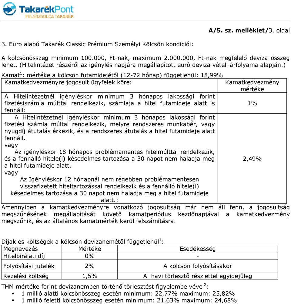 ) Kamat 1 : mértéke a kölcsön futamidejétıl (12-72 hónap) függetlenül: 18,99% Kamatkedvezményre jogosult ügyfelek köre: Kamatkedvezmény mértéke A Hitelintézetnél igényléskor minimum 3 hónapos