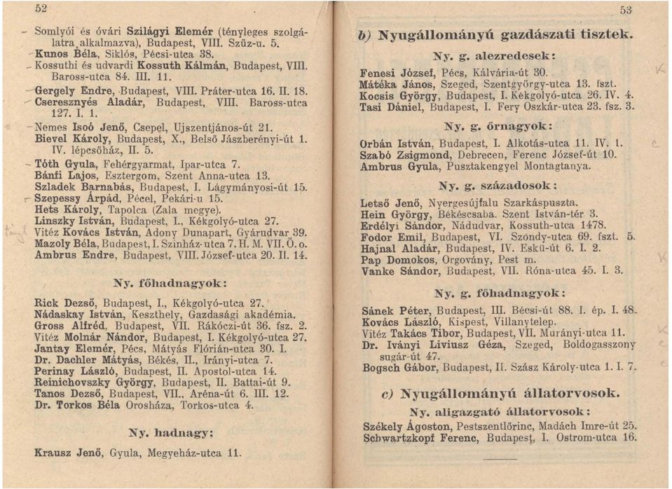 , Belső Jászberényi-út 1. IV. lépcsőház, II. 5. Tóth Gyula, Fehérgyarmat, Ipar-utca 7. Bánfi Lajos, Esztergom, Szent Anna-utca 13. Szladek Barnabás, Budapest, I. Lágymányosi-út 15.