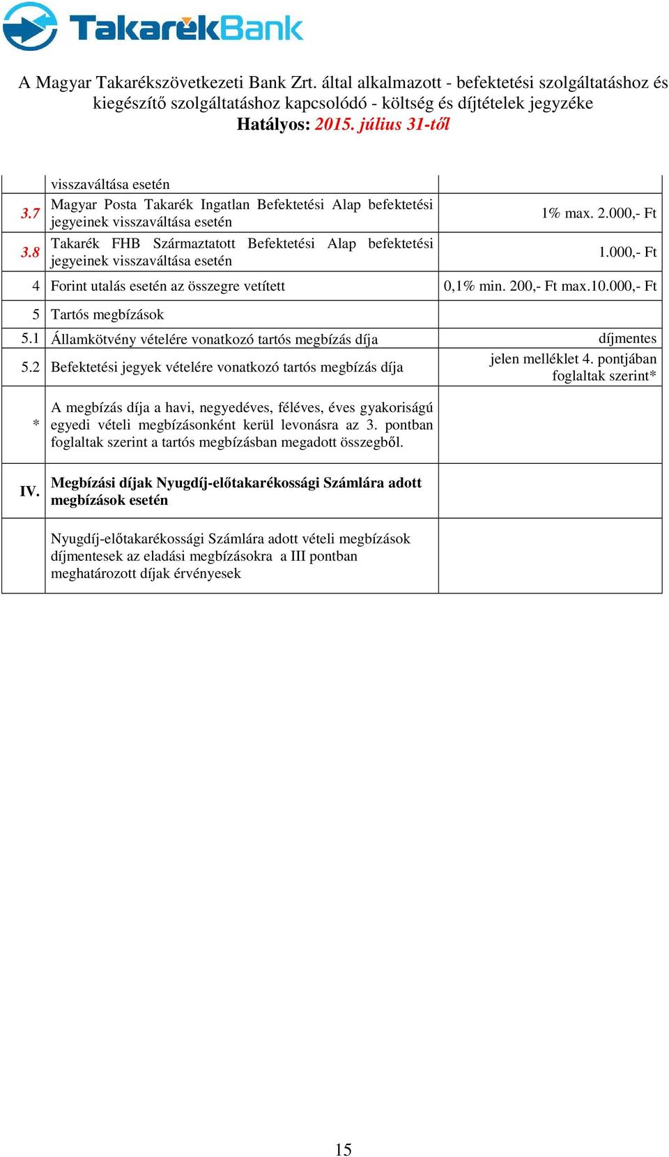 000,- Ft 5 Tartós megbízások 5.1 Államkötvény vételére vonatkozó tartós megbízás díja 5.2 Befektetési jegyek vételére vonatkozó tartós megbízás díja jelen melléklet 4.