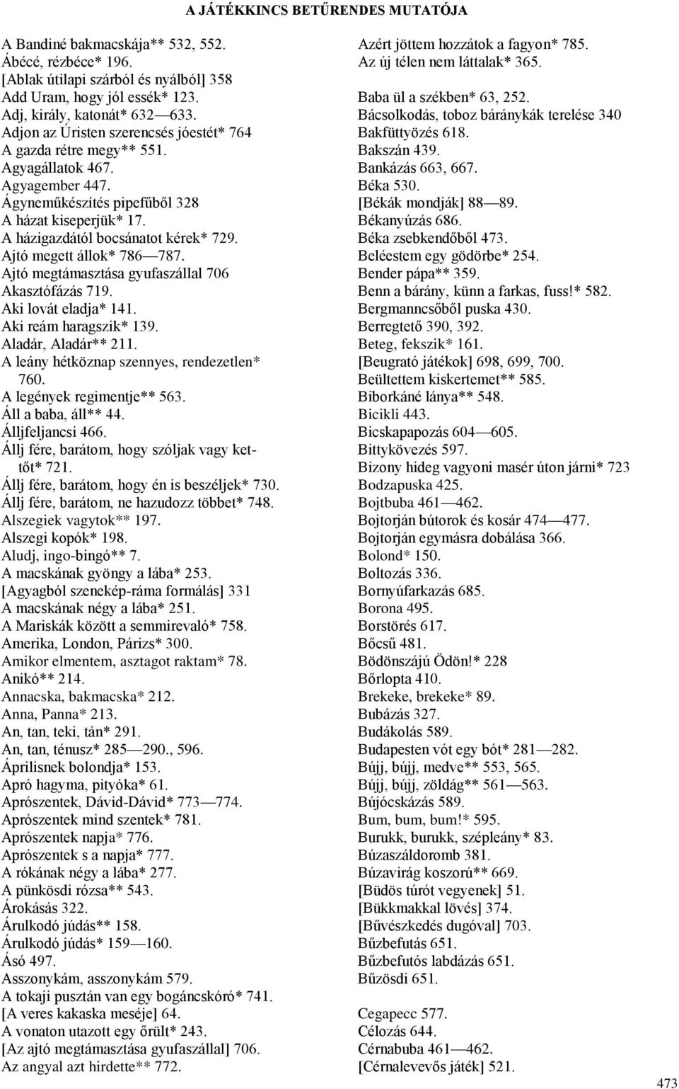 Ajtó megett állok* 786 787. Ajtó megtámasztása gyufaszállal 706 Akasztófázás 719. Aki lovát eladja* 141. Aki reám haragszik* 139. Aladár, Aladár** 211. A leány hétköznap szennyes, rendezetlen* 760.