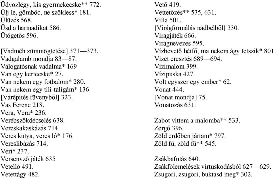 Vereskakaskázás 714. Veres kutya, veres ló* 176. Vereslibázás 714. Véri* 237. Versenyző játék 635 Vetellő 491. Vetettágy 482. Vető 419. Vettetőzés** 535, 631. Villa 501. [Virágformálás nádbélből] 330.