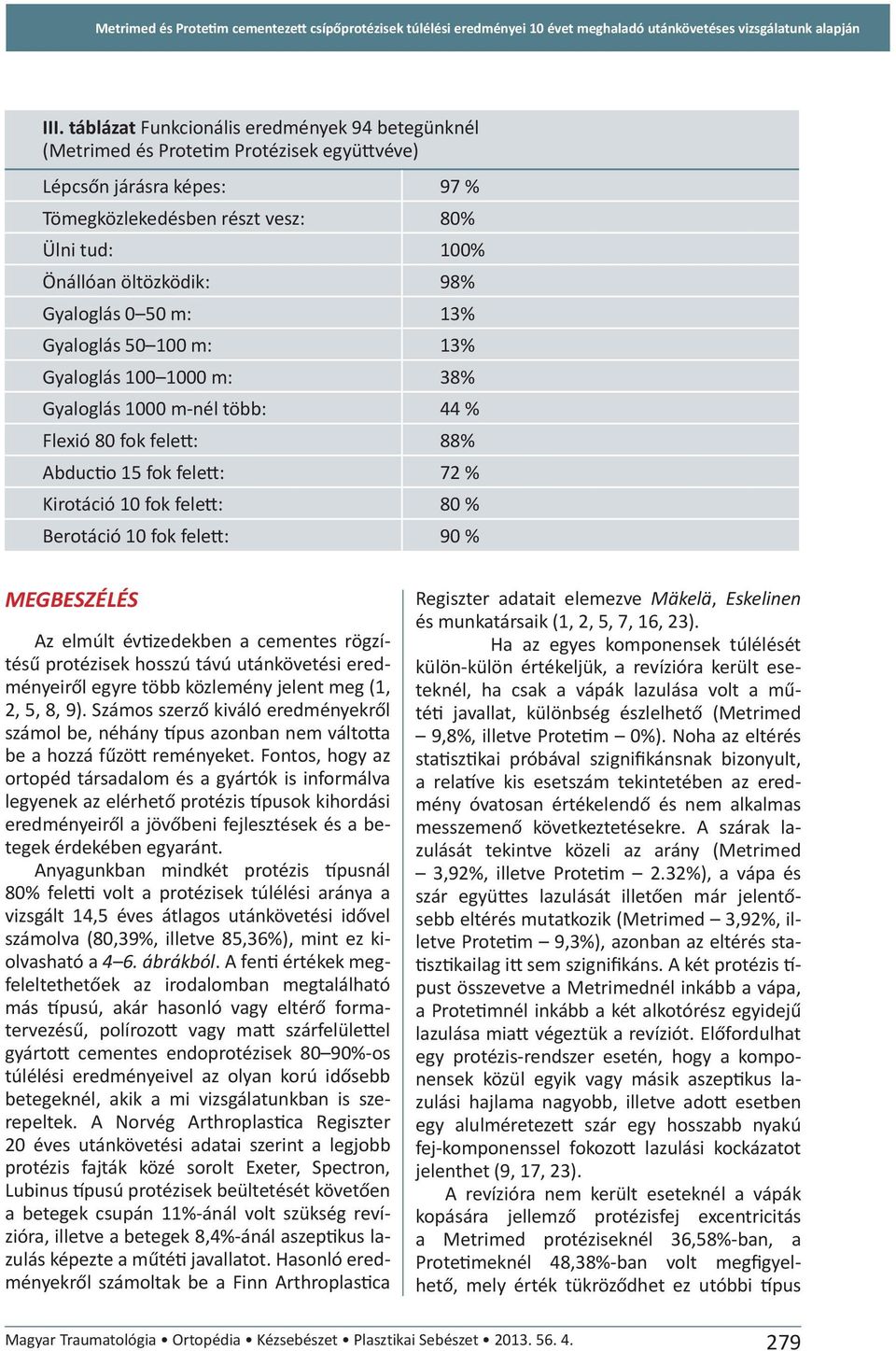 Gyaloglás 0 50 m: 13% Gyaloglás 50 100 m: 13% Gyaloglás 100 1000 m: 38% Gyaloglás 1000 m-nél több: 44 % Flexió 80 fok felett: 88% Abductio 15 fok felett: 72 % Kirotáció 10 fok felett: 80 % Berotáció