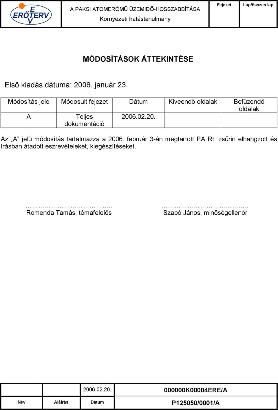 20. Az A jelű módosítás tartalmazza a 2006. február 3-án megtartott PA Rt.