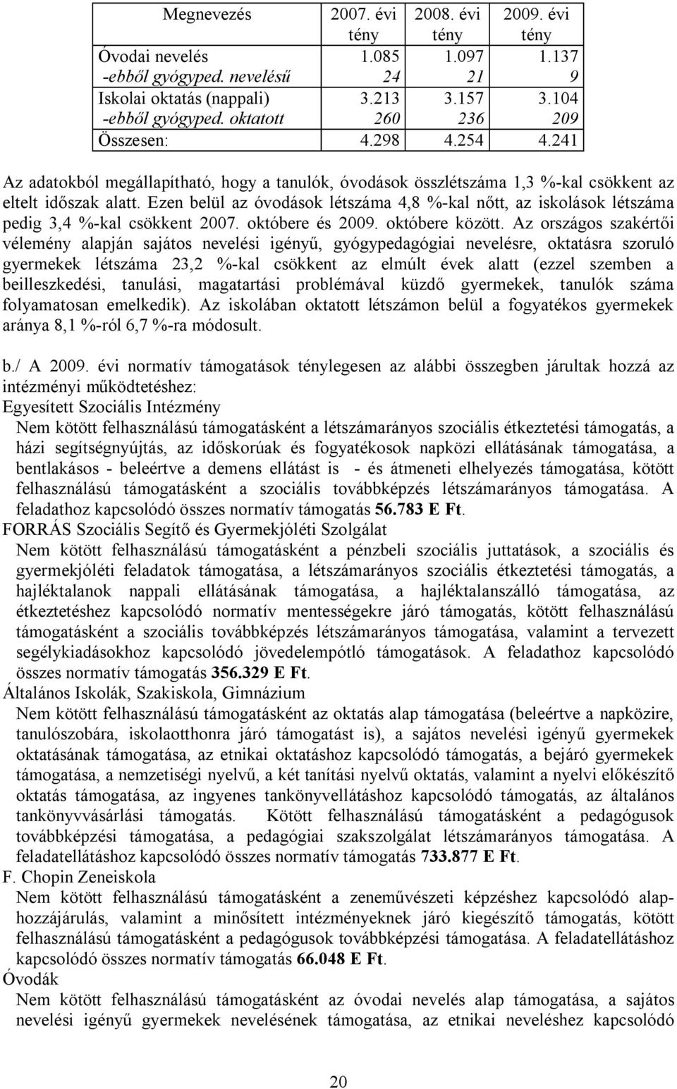 Ezen belül az óvodások létszáma 4,8 %-kal nőtt, az iskolások létszáma pedig 3,4 %-kal csökkent 2007. októbere és 2009. októbere között.