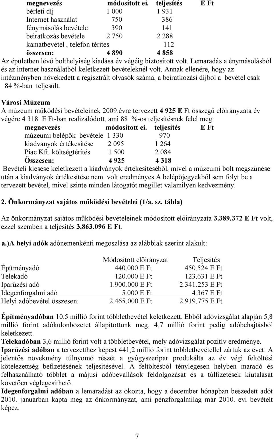 lévő bolthelyiség kiadása év végéig biztosított volt. Lemaradás a énymásolásból és az internet használatból keletkezett bevételeknél volt.