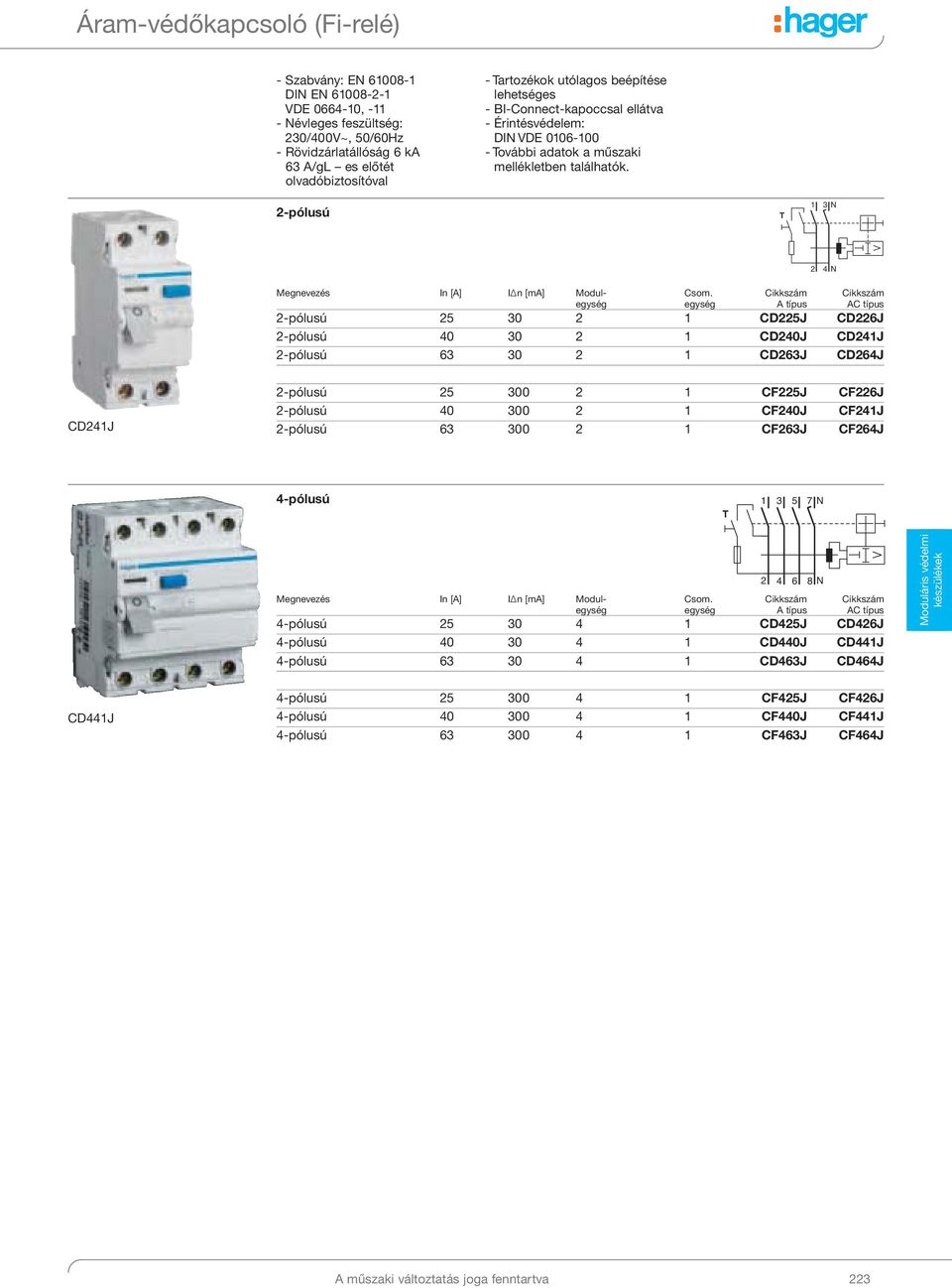 -pólusú T 3 N 4 N Megnevezés In [A] IΔn [ma] Modul A típus AC típus -pólusú 5 30 CD5J CD6J -pólusú 40 30 CD40J CD4J -pólusú 63 30 CD63J CD64J CD4J -pólusú 5 300 CF5J CF6J -pólusú 40 300 CF40J CF4J