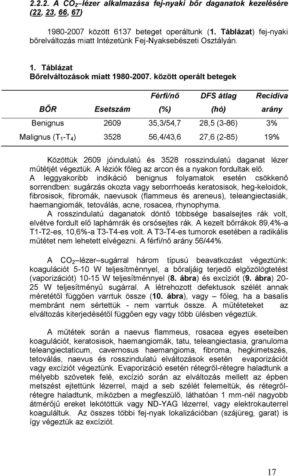 között operált betegek BŐR Esetszám Férfi/nő (%) DFS átlag (hó) Recidíva arány Benignus 2609 35,3/54,7 28,5 (3-86) 3% Malignus (T 1 -T 4 ) 3528 56,4/43,6 27,6 (2-85) 19% Közöttük 2609 jóindulatú és