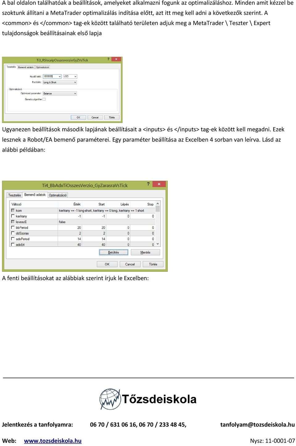 A <common> és </common> tag-ek között található területen adjuk meg a MetaTrader \ Teszter \ Expert tulajdonságok beállításainak első lapja Ugyanezen beállítások