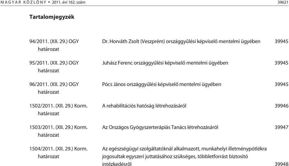 Horváth Zsolt (Veszprém) országgyûlési képviselõ mentelmi ügyében 39945 Juhász Ferenc országgyûlési képviselõ mentelmi ügyében 39945 Pócs János országgyûlési képviselõ mentelmi