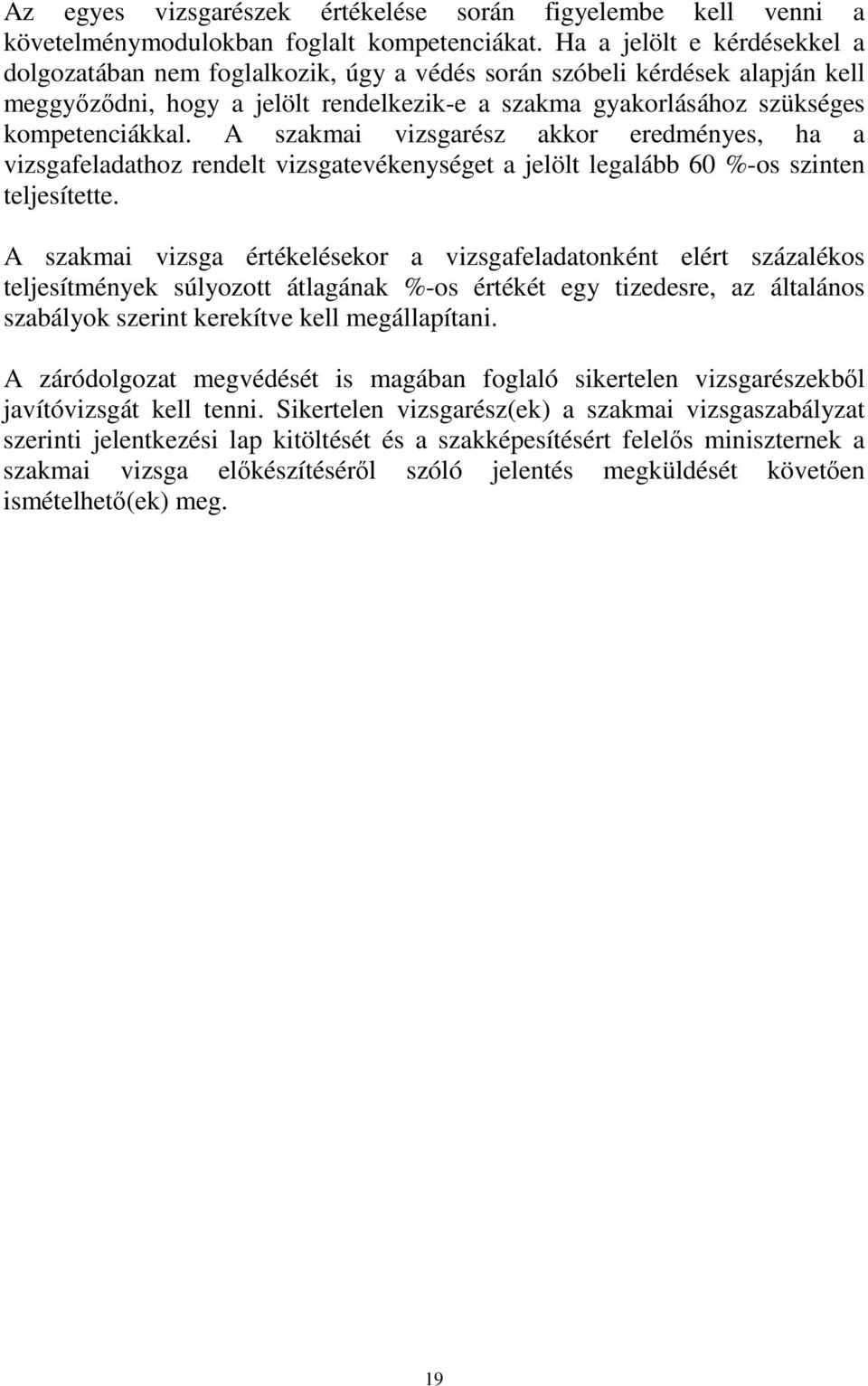 A szakmai vizsgarész akkor eredményes, ha a vizsgafeladathoz rendelt vizsgatevékenységet a jelölt legalább 60 %-os szinten teljesítette.