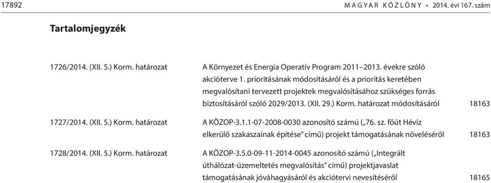 határozat módosításáról 18163 1727/2014. (XII. 5.) Korm. határozat A KÖZOP-3.1.1-07-2008-0030 azonosító szá