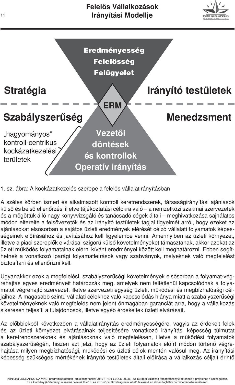 ábra: A kockázatkezelés szerepe a felelôs vállalatirányításban A széles körben ismert és alkalmazott kontroll keretrendszerek, társaságirányítási ajánlások külsô és belsô ellenôrzési illetve